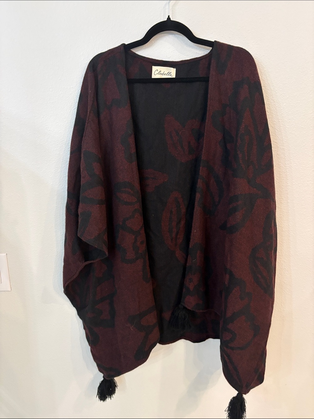 Cleobella Sevigny Bordeaux Capelet Open Front Tassel Poncho Wrap Burgundy OS